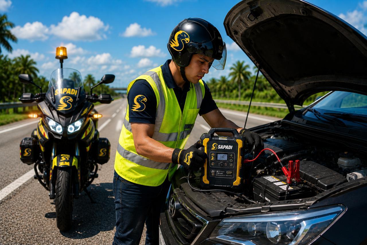 Operador SAPADI dando paso de corriente a un automóvil en carretera